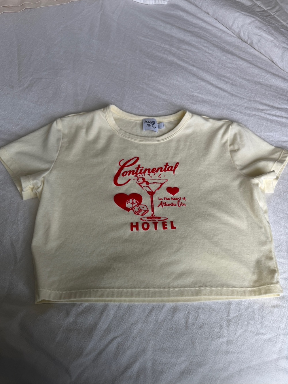 Princess Polly Cream Crop Tee with Red Continental Hotel Graphic - Picture 2 of 4